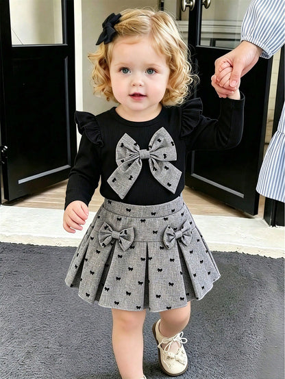 Preppy Style Baby Girl 2-Piece Set, Black Flutter Sleeve Top + Flocked Bow Print Skirt, Autumn/Winter Outfit