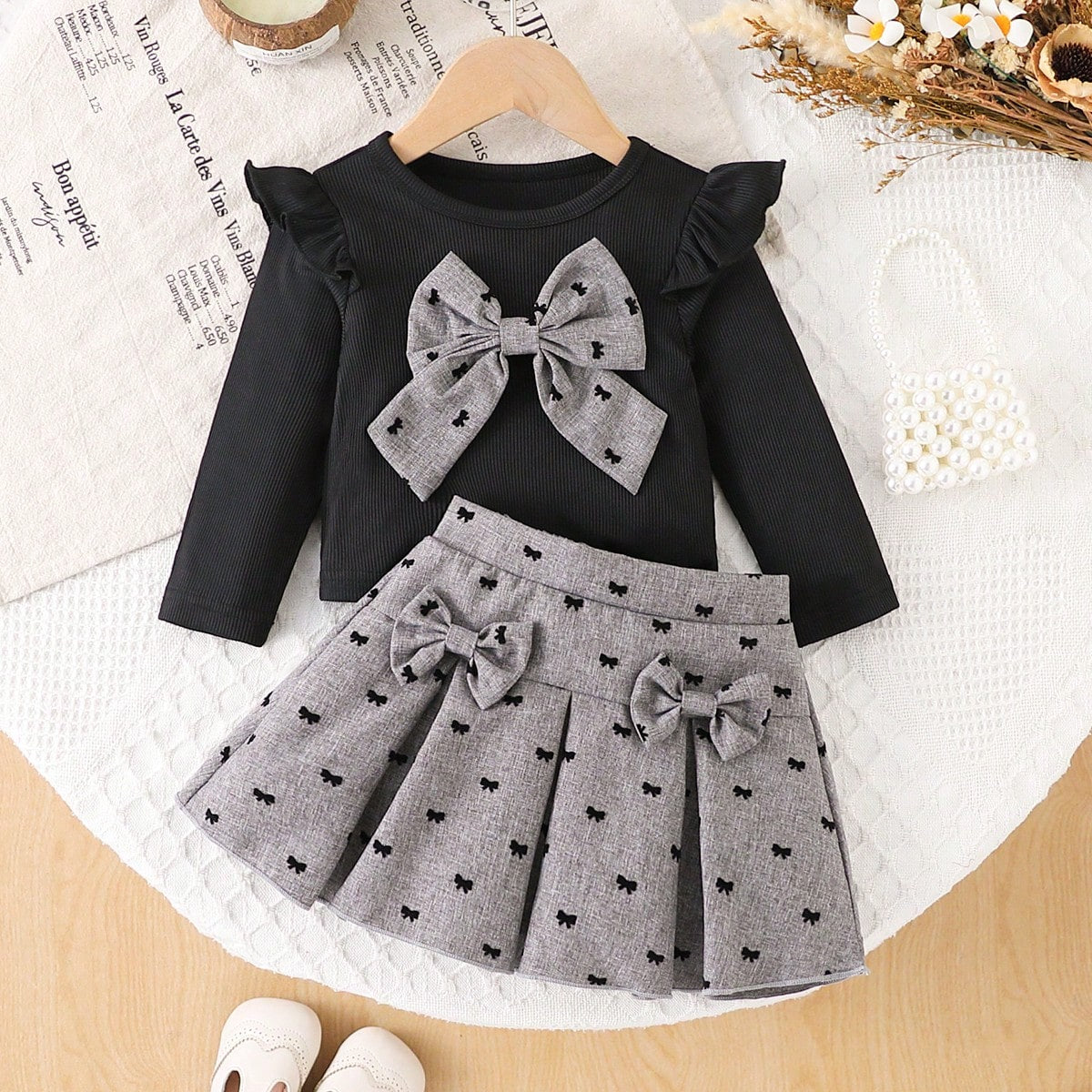 Preppy Style Baby Girl 2-Piece Set, Black Flutter Sleeve Top + Flocked Bow Print Skirt, Autumn/Winter Outfit
