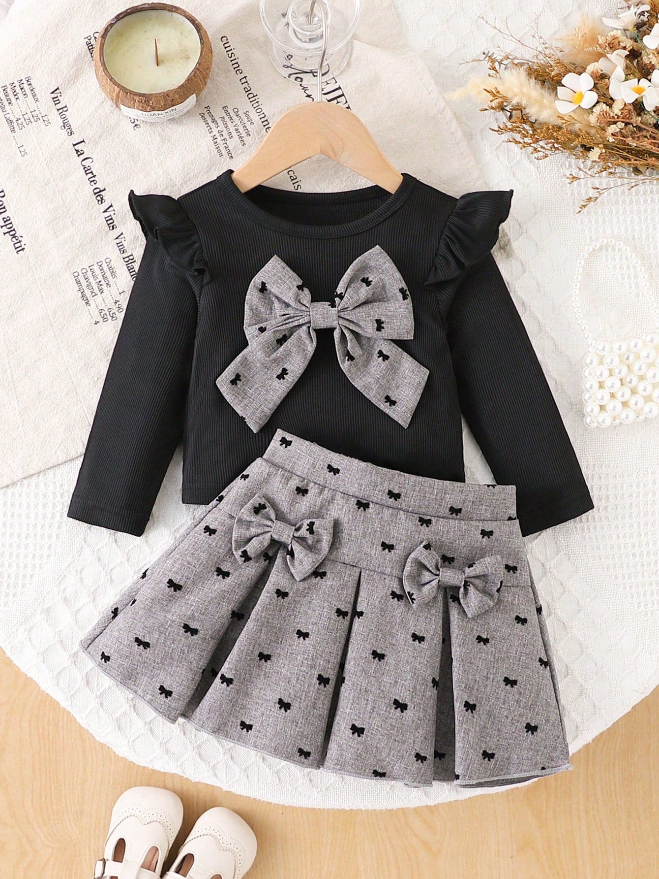 Preppy Style Baby Girl 2-Piece Set, Black Flutter Sleeve Top + Flocked Bow Print Skirt, Autumn/Winter Outfit