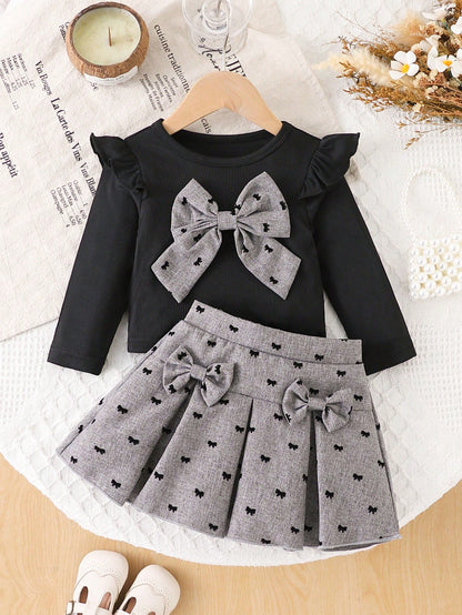 Preppy Style Baby Girl 2-Piece Set, Black Flutter Sleeve Top + Flocked Bow Print Skirt, Autumn/Winter Outfit