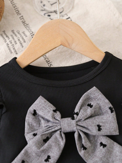 Preppy Style Baby Girl 2-Piece Set, Black Flutter Sleeve Top + Flocked Bow Print Skirt, Autumn/Winter Outfit