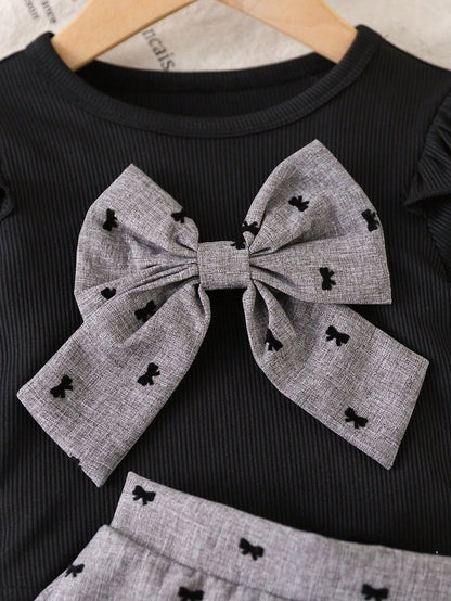 Preppy Style Baby Girl 2-Piece Set, Black Flutter Sleeve Top + Flocked Bow Print Skirt, Autumn/Winter Outfit