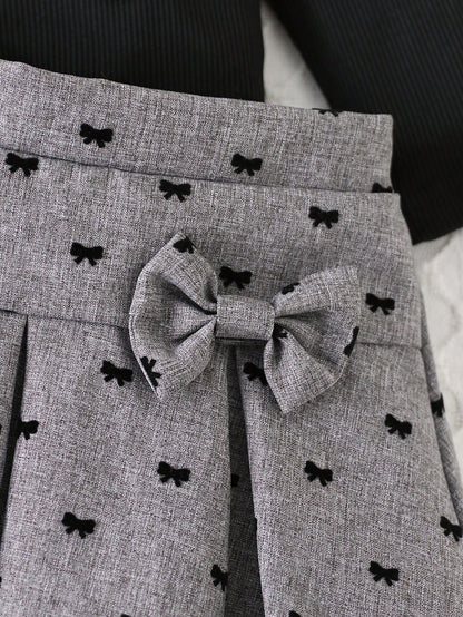 Preppy Style Baby Girl 2-Piece Set, Black Flutter Sleeve Top + Flocked Bow Print Skirt, Autumn/Winter Outfit