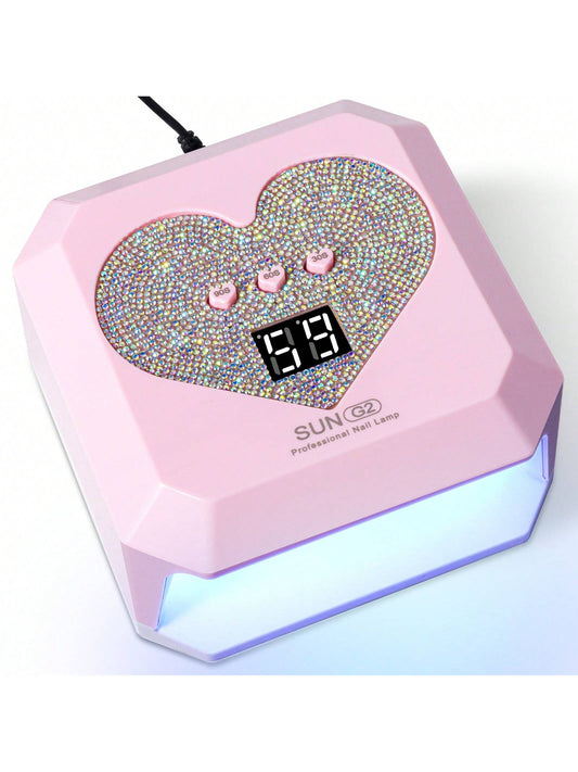 Professional UV Nail Lamp, Nail Dryer With Colorful Rhinestone Heart Shape Design, Large Capacity Gel Lamp With Cute Heart Shape Timer Setting Bottons, Quick Dry Curing Lamp With LCD Display And Auto