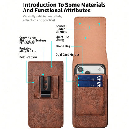 PULOKA PU Crazy Horse Leather Waist Bag With Phone Slot And Card Slot, Vertical Waist Bag Phone Case, Suitable For Outdoor, Fitness, Travel, Hands-Free Smartphone Carrying Bag