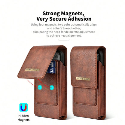 PULOKA PU Crazy Horse Leather Waist Bag With Phone Slot And Card Slot, Vertical Waist Bag Phone Case, Suitable For Outdoor, Fitness, Travel, Hands-Free Smartphone Carrying Bag