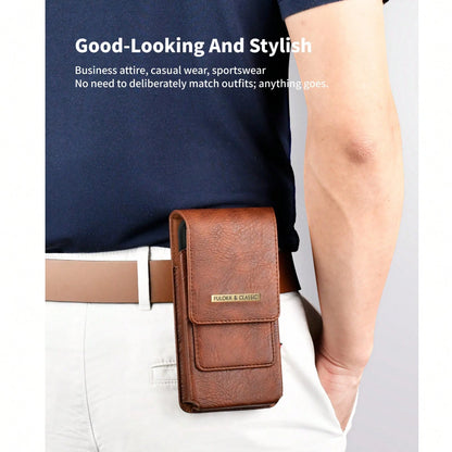 PULOKA PU Crazy Horse Leather Waist Bag With Phone Slot And Card Slot, Vertical Waist Bag Phone Case, Suitable For Outdoor, Fitness, Travel, Hands-Free Smartphone Carrying Bag