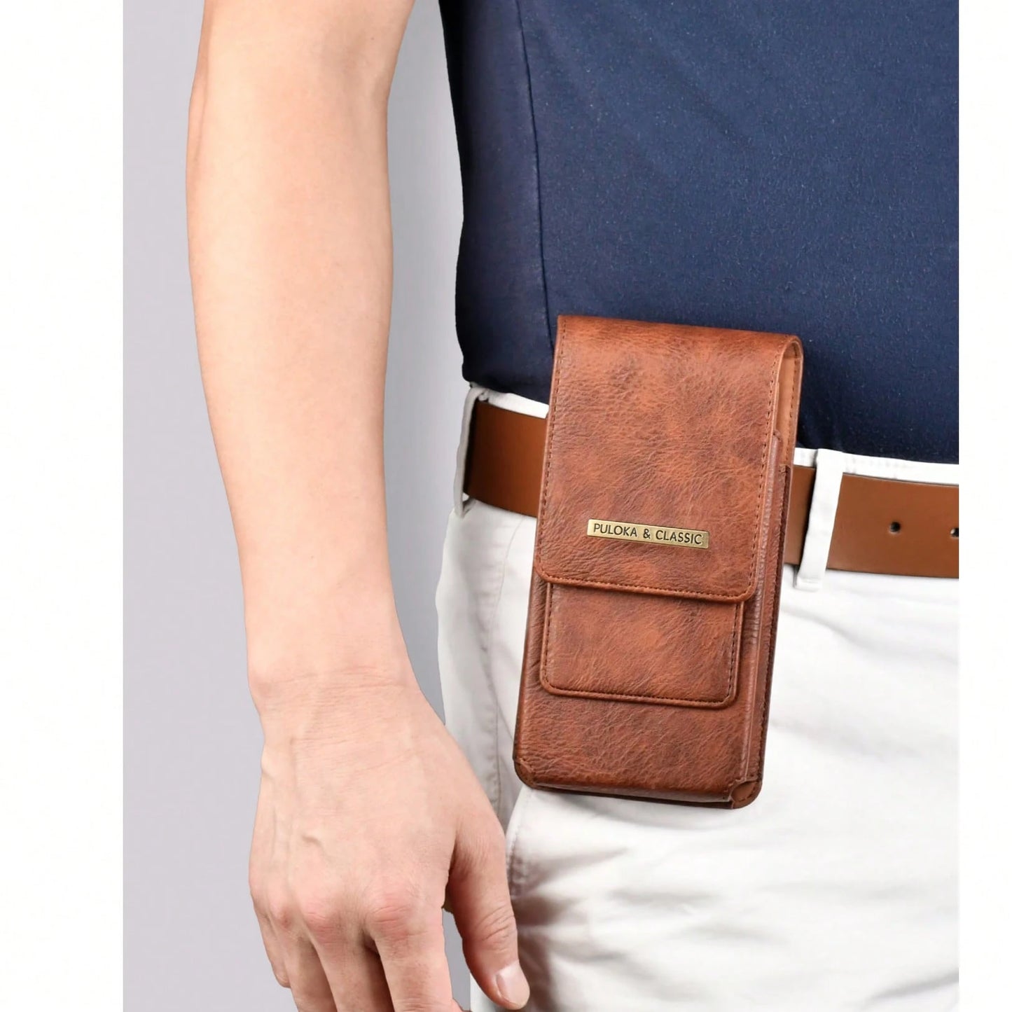 PULOKA PU Crazy Horse Leather Waist Bag With Phone Slot And Card Slot, Vertical Waist Bag Phone Case, Suitable For Outdoor, Fitness, Travel, Hands-Free Smartphone Carrying Bag