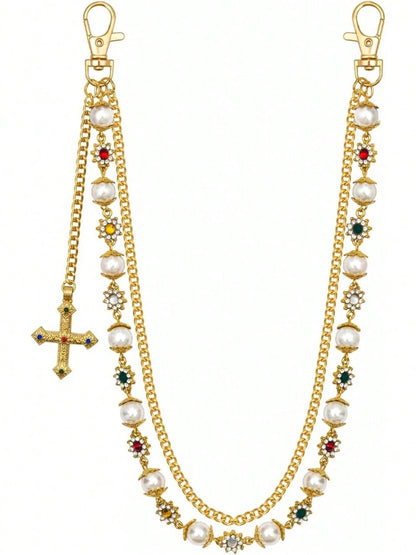 Punk Wallet Chain With Rhinestone Flower & Pearl, Layered Pants Chains Key Chain Pocket Chains Gifts For Women Men(Golden Flowers) At Women's Clothing Store