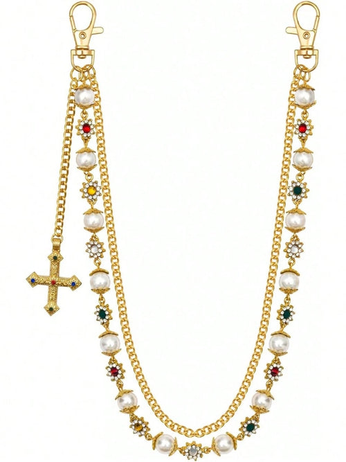 Punk Wallet Chain With Rhinestone Flower & Pearl, Layered Pants Chains Key Chain Pocket Chains Gifts For Women Men(Golden Flowers) At Women's Clothing Store