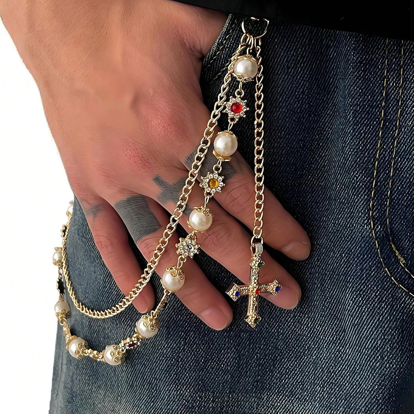 Punk Wallet Chain With Rhinestone Flower & Pearl, Layered Pants Chains Key Chain Pocket Chains Gifts For Women Men(Golden Flowers) At Women's Clothing Store