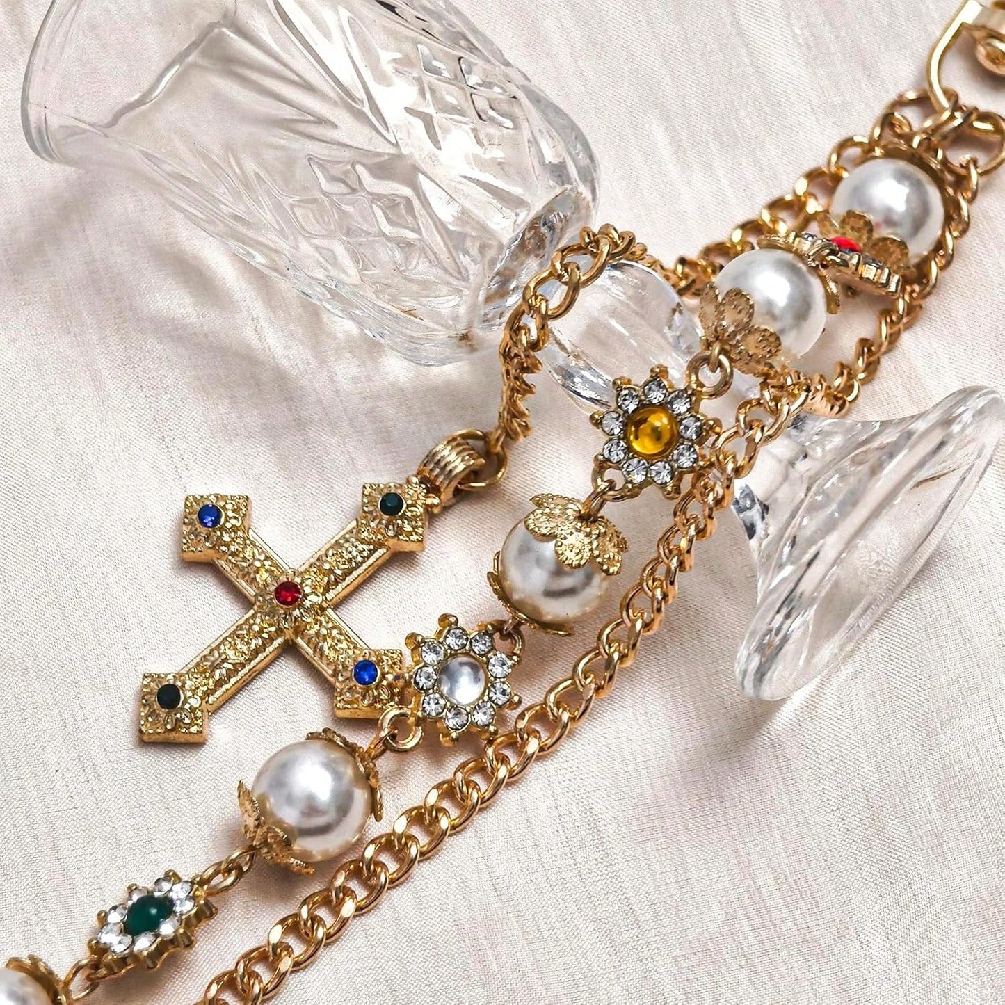 Punk Wallet Chain With Rhinestone Flower & Pearl, Layered Pants Chains Key Chain Pocket Chains Gifts For Women Men(Golden Flowers) At Women's Clothing Store