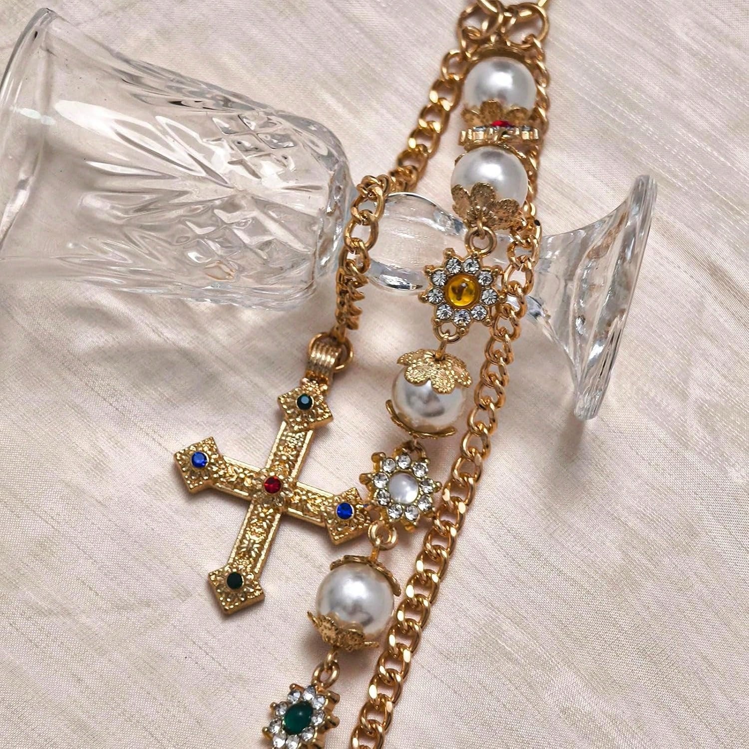 Punk Wallet Chain With Rhinestone Flower & Pearl, Layered Pants Chains Key Chain Pocket Chains Gifts For Women Men(Golden Flowers) At Women's Clothing Store