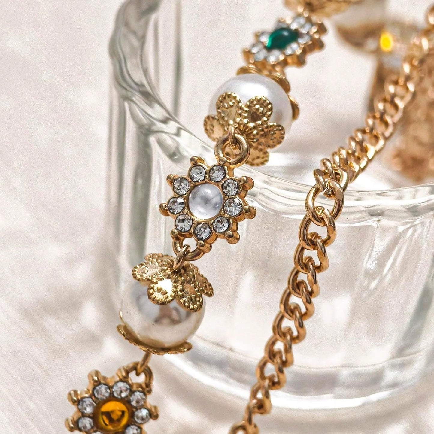 Punk Wallet Chain With Rhinestone Flower & Pearl, Layered Pants Chains Key Chain Pocket Chains Gifts For Women Men(Golden Flowers) At Women's Clothing Store