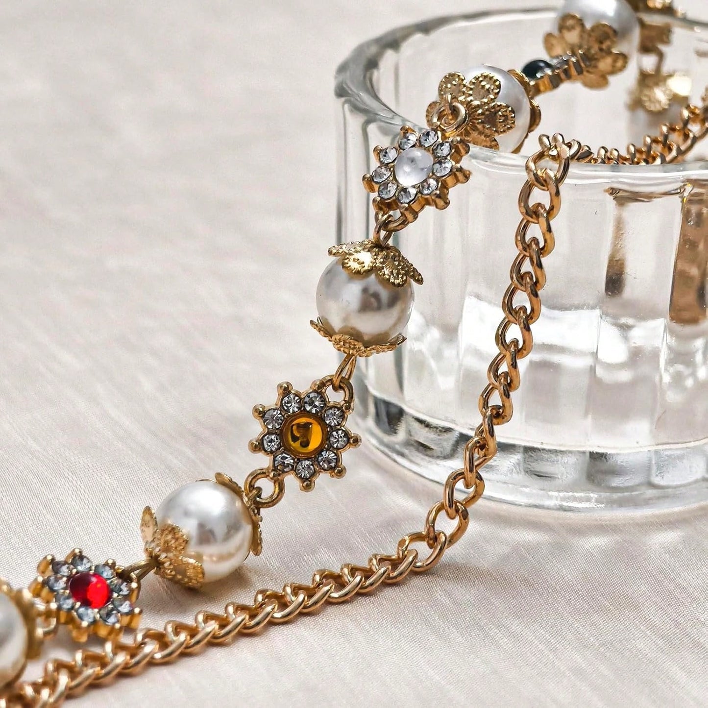 Punk Wallet Chain With Rhinestone Flower & Pearl, Layered Pants Chains Key Chain Pocket Chains Gifts For Women Men(Golden Flowers) At Women's Clothing Store