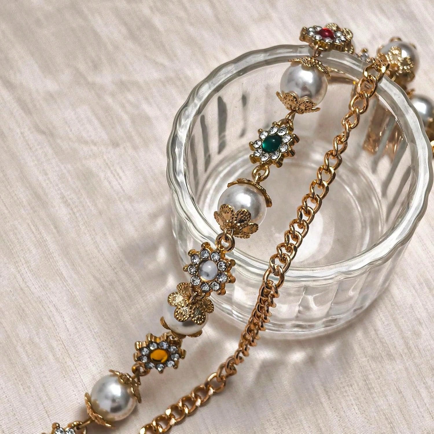 Punk Wallet Chain With Rhinestone Flower & Pearl, Layered Pants Chains Key Chain Pocket Chains Gifts For Women Men(Golden Flowers) At Women's Clothing Store