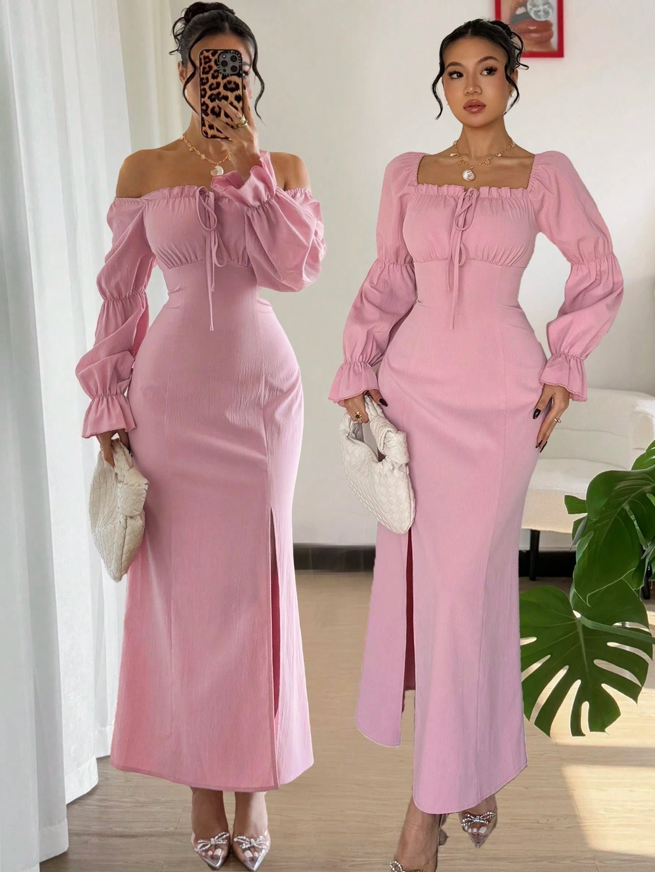 Rafferiza Lotus Root Sleeve High Slit Waist Cinched Dress,Elegant Pink Ladies Long Dress For Valentine's Day