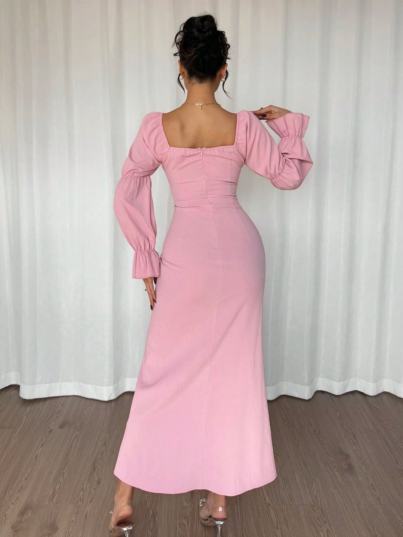 Rafferiza Lotus Root Sleeve High Slit Waist Cinched Dress,Elegant Pink Ladies Long Dress For Valentine's Day