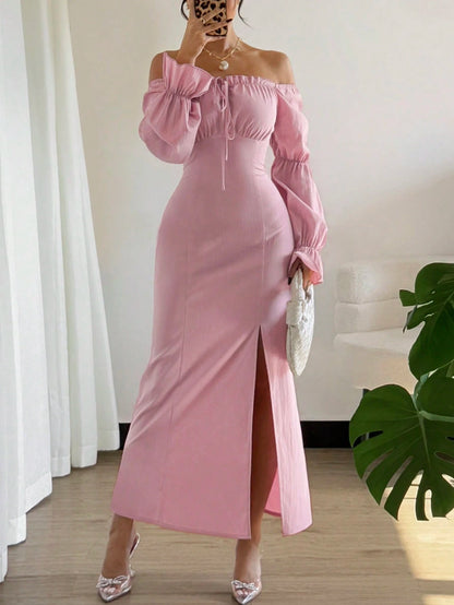 Rafferiza Lotus Root Sleeve High Slit Waist Cinched Dress,Elegant Pink Ladies Long Dress For Valentine's Day
