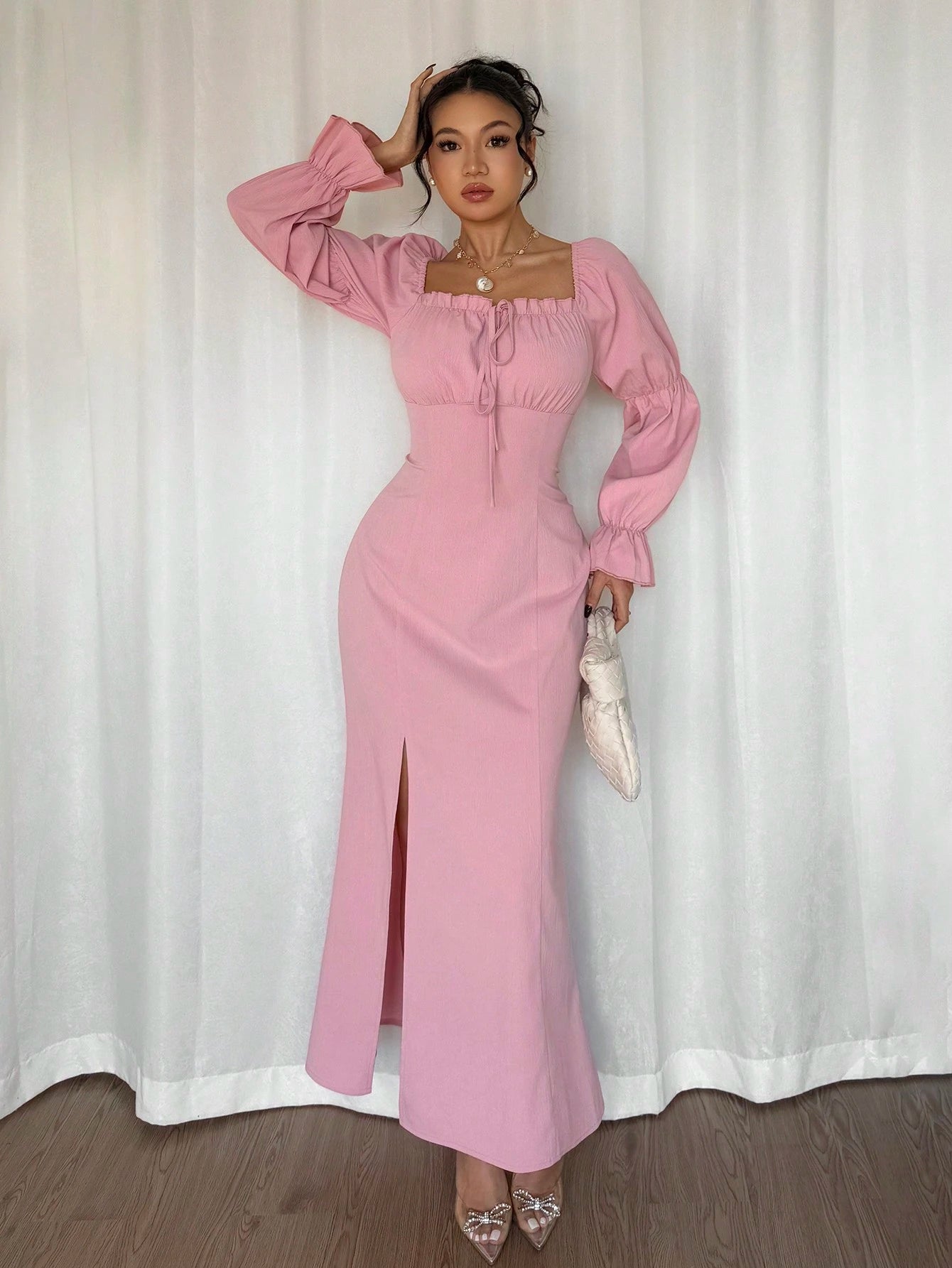 Rafferiza Lotus Root Sleeve High Slit Waist Cinched Dress,Elegant Pink Ladies Long Dress For Valentine's Day