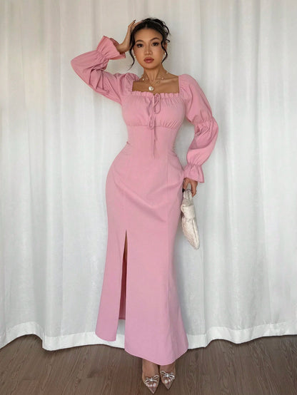 Rafferiza Lotus Root Sleeve High Slit Waist Cinched Dress,Elegant Pink Ladies Long Dress For Valentine's Day