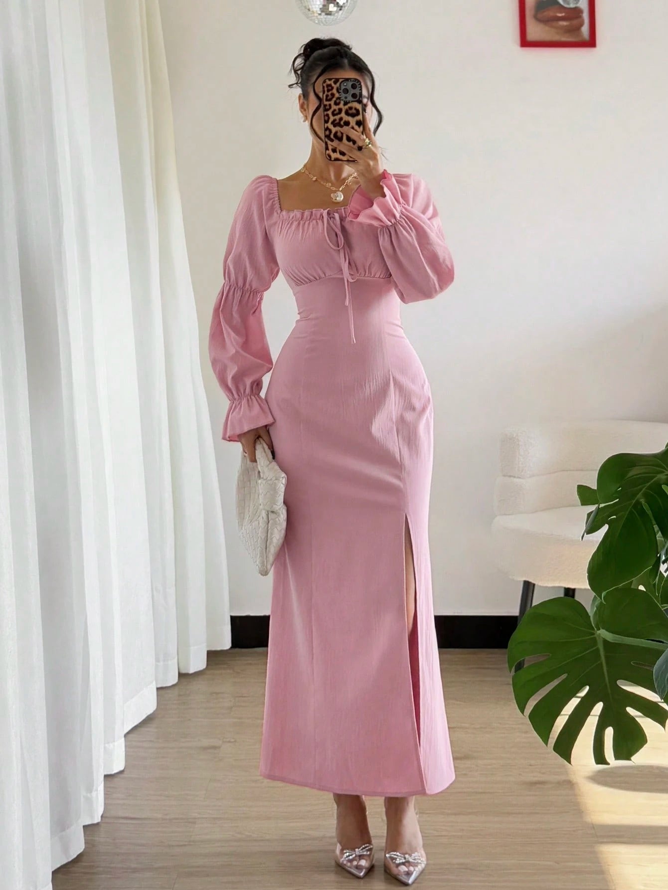 Rafferiza Lotus Root Sleeve High Slit Waist Cinched Dress,Elegant Pink Ladies Long Dress For Valentine's Day