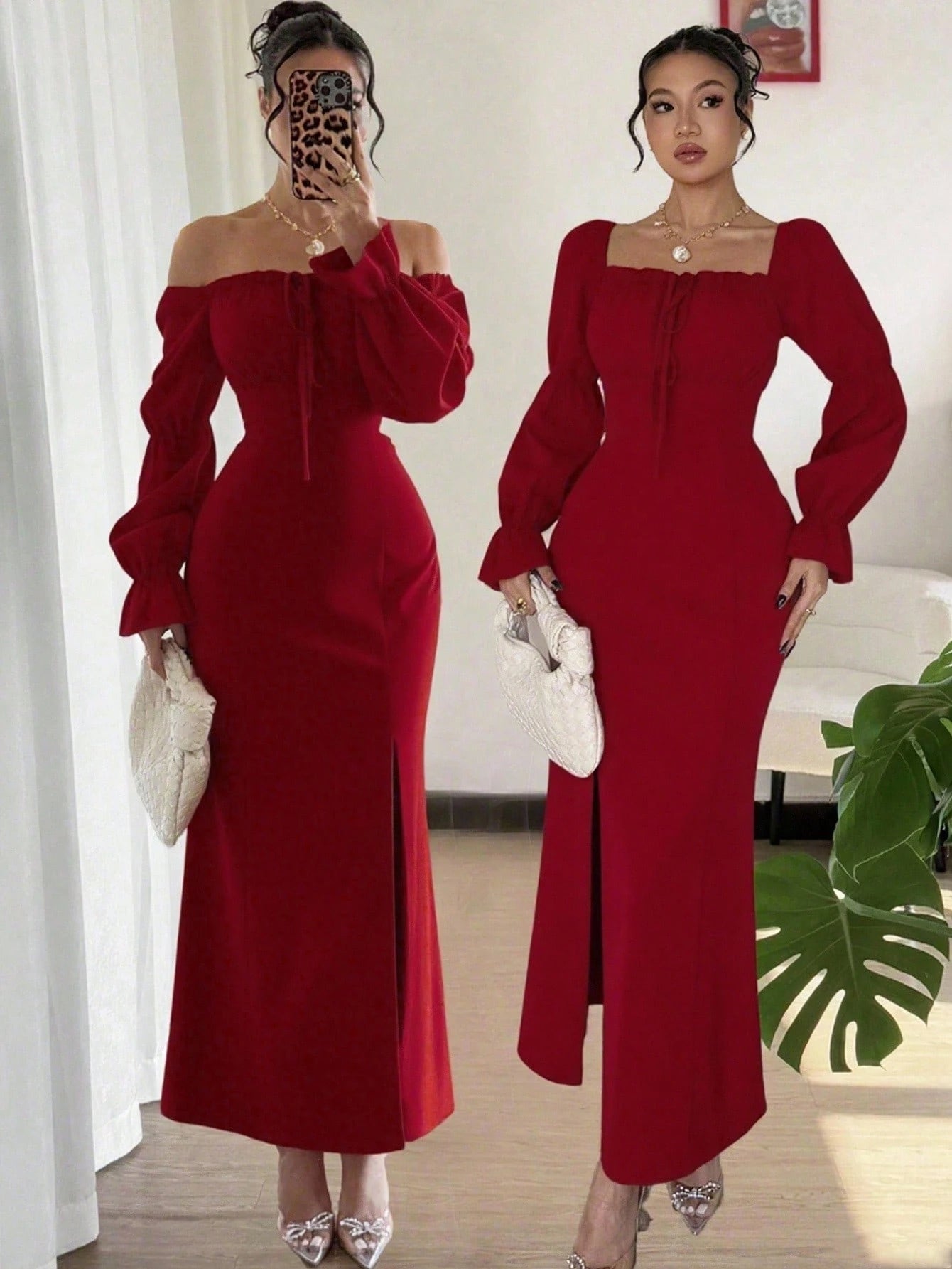 Rafferiza Lotus Root Sleeve High Slit Waist Cinched Dress,Elegant Pink Ladies Long Dress For Valentine's Day