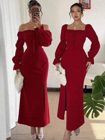 Rafferiza Lotus Root Sleeve High Slit Waist Cinched Dress,Elegant Pink Ladies Long Dress For Valentine's Day