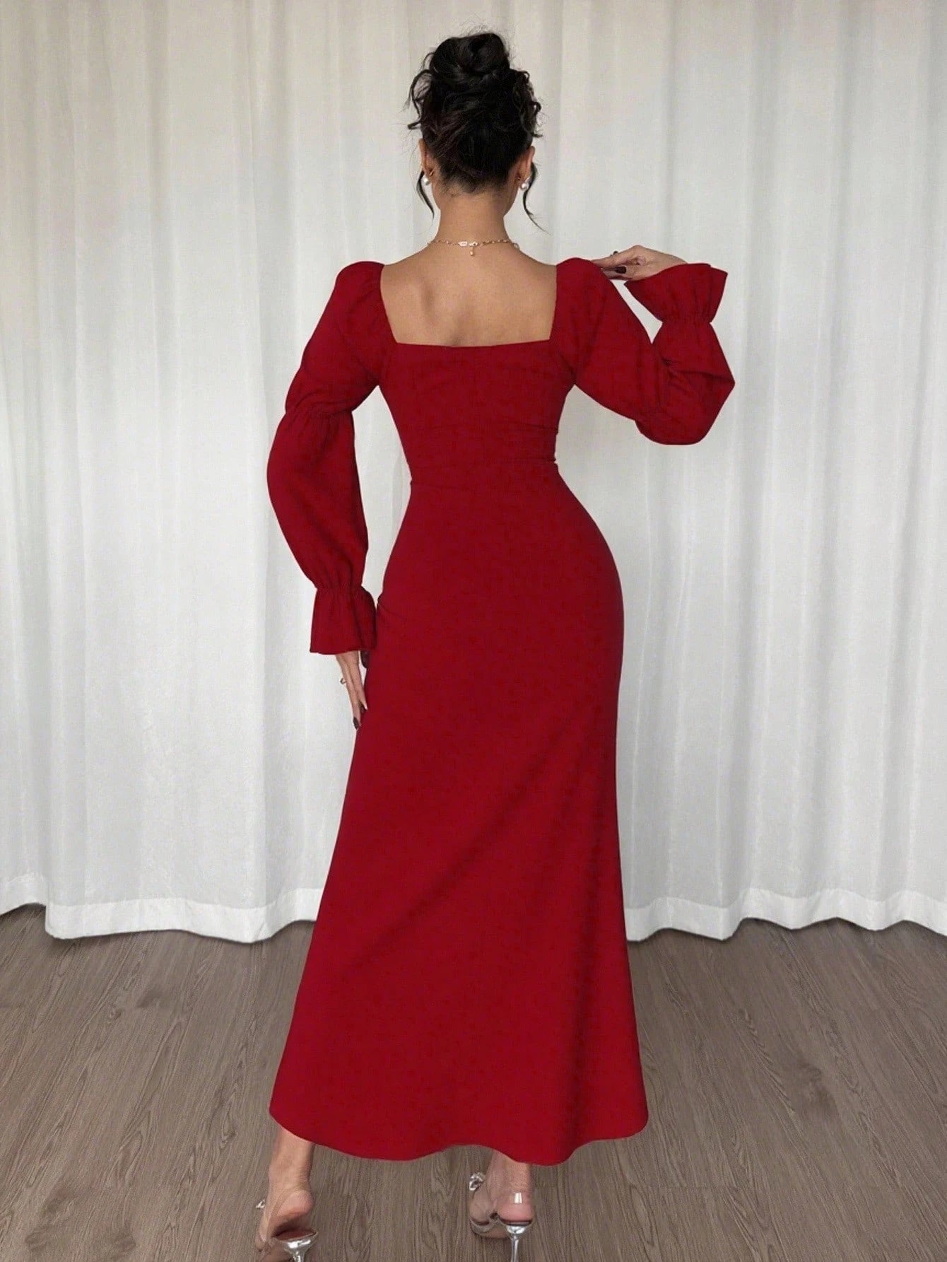 Rafferiza Lotus Root Sleeve High Slit Waist Cinched Dress,Elegant Pink Ladies Long Dress For Valentine's Day