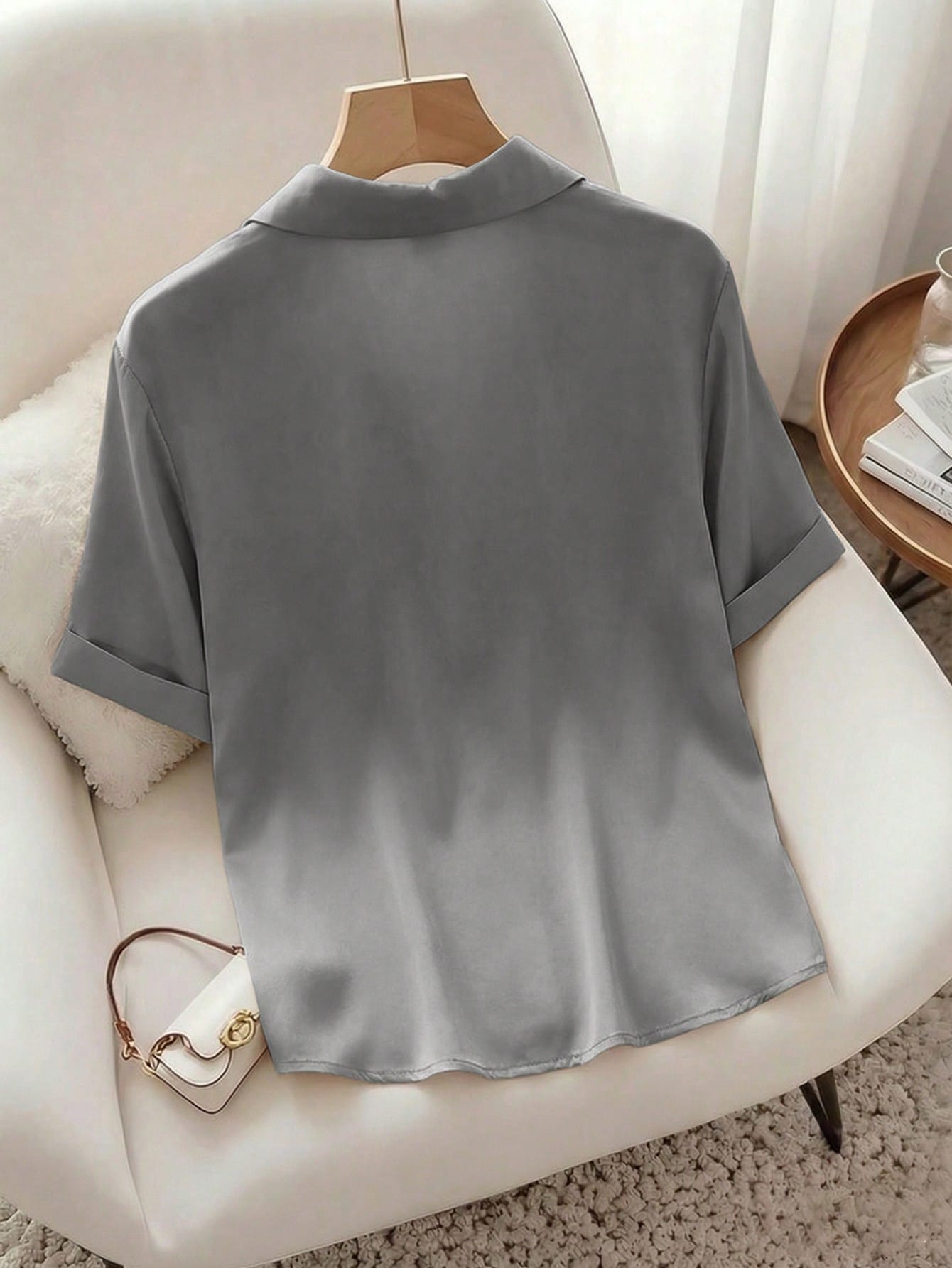 Raffinéa French Elegant Gray Summer Minimalist Smart Casual Everyday Polo Collar Pocket Design Short Sleeve Woven Fabric Blouse For Women For Office Travel