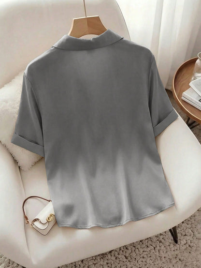 Raffinéa French Elegant Gray Summer Minimalist Smart Casual Everyday Polo Collar Pocket Design Short Sleeve Woven Fabric Blouse For Women For Office Travel