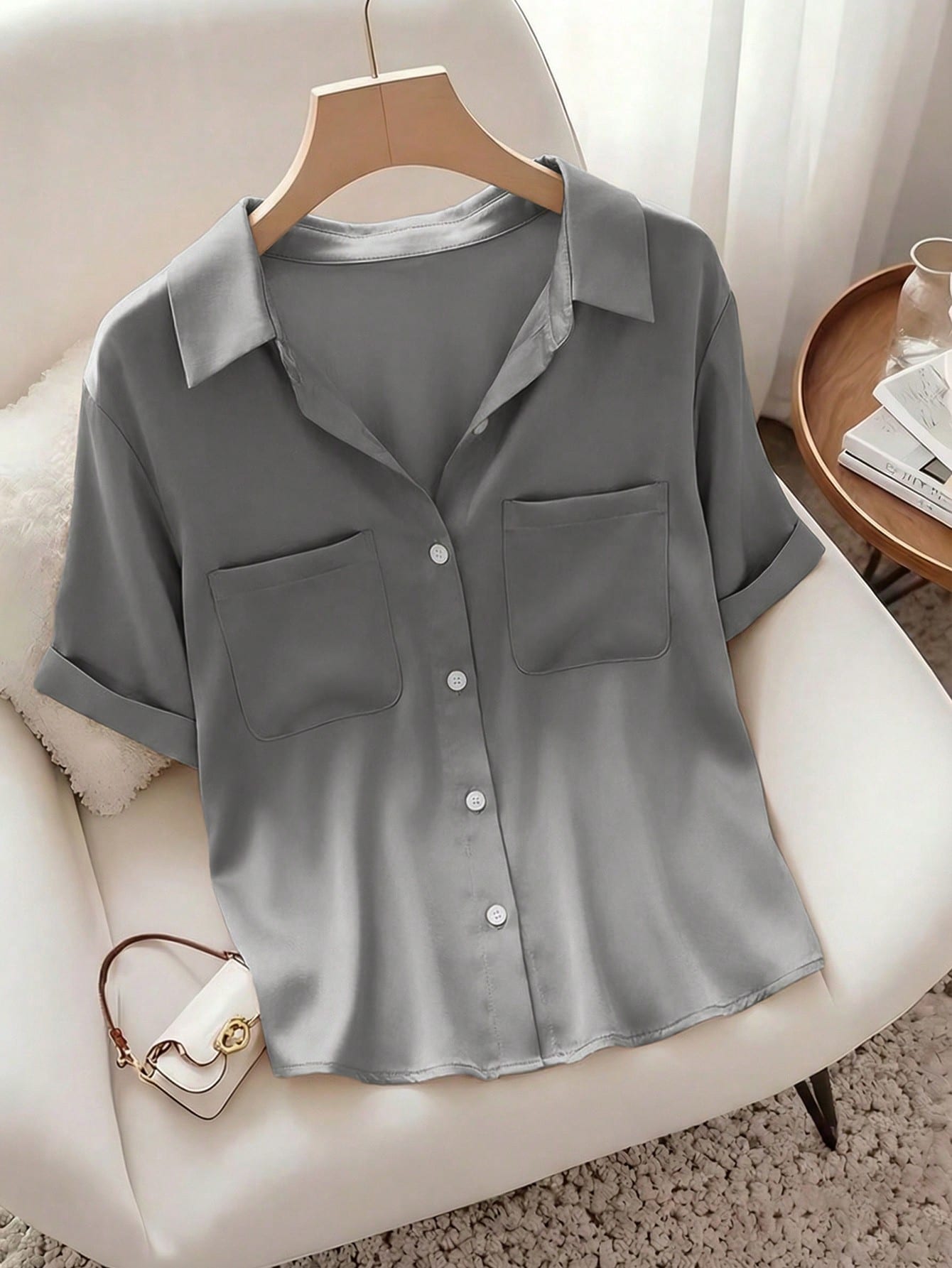 Raffinéa French Elegant Gray Summer Minimalist Smart Casual Everyday Polo Collar Pocket Design Short Sleeve Woven Fabric Blouse For Women For Office Travel