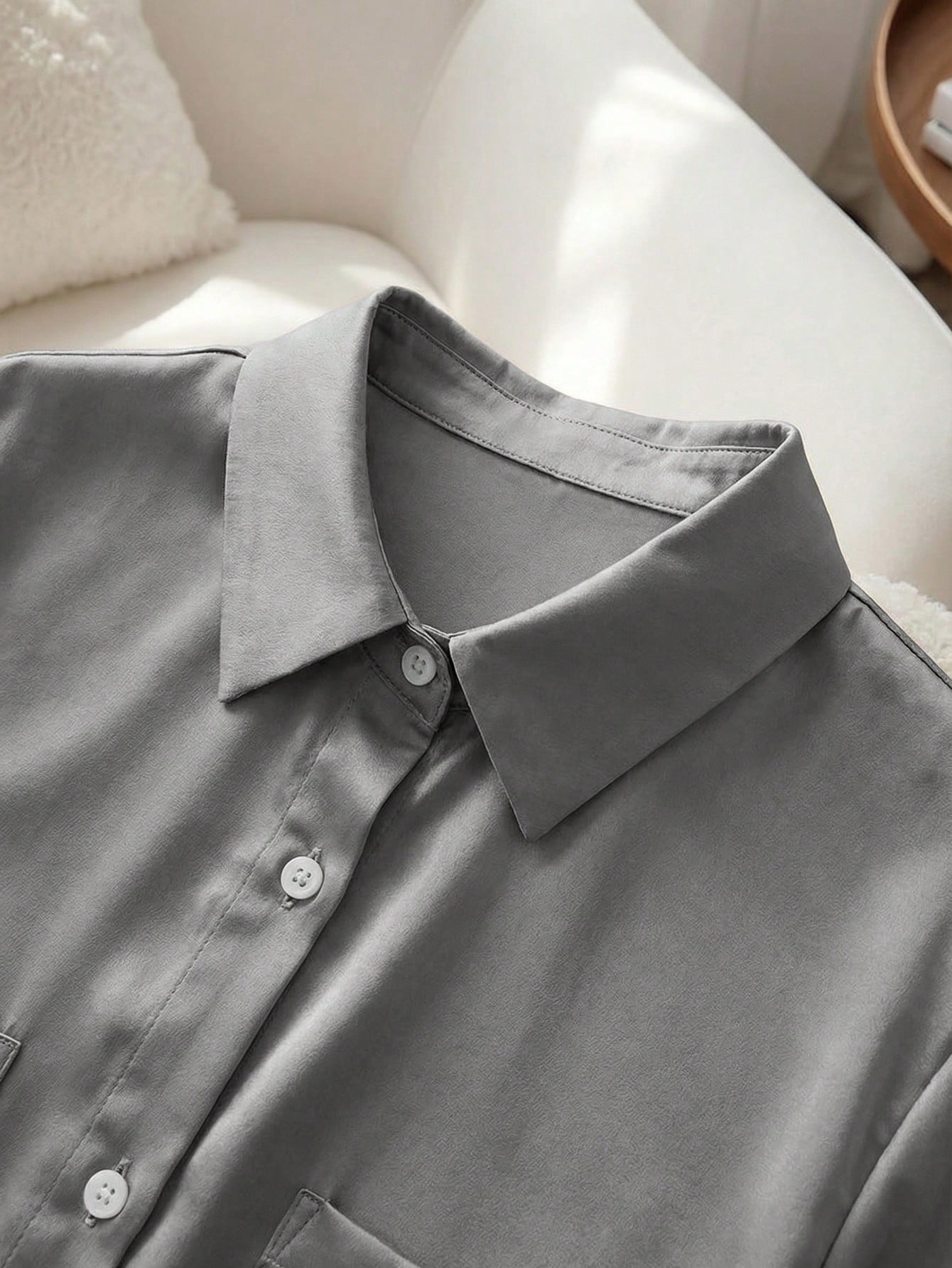 Raffinéa French Elegant Gray Summer Minimalist Smart Casual Everyday Polo Collar Pocket Design Short Sleeve Woven Fabric Blouse For Women For Office Travel