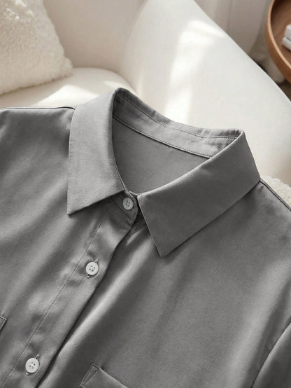 Raffinéa French Elegant Gray Summer Minimalist Smart Casual Everyday Polo Collar Pocket Design Short Sleeve Woven Fabric Blouse For Women For Office Travel