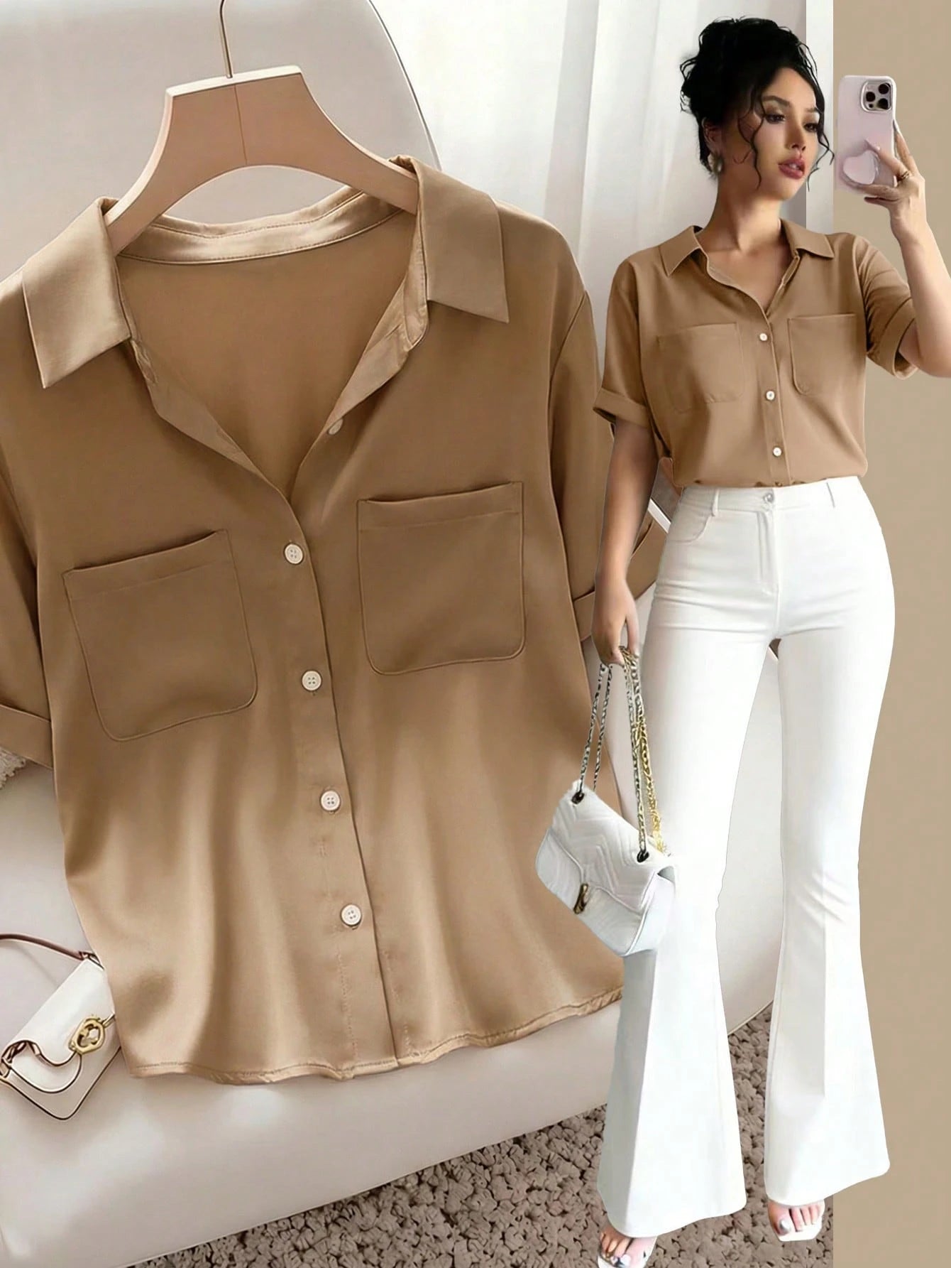 Raffinéa French Elegant Gray Summer Minimalist Smart Casual Everyday Polo Collar Pocket Design Short Sleeve Woven Fabric Blouse For Women For Office Travel