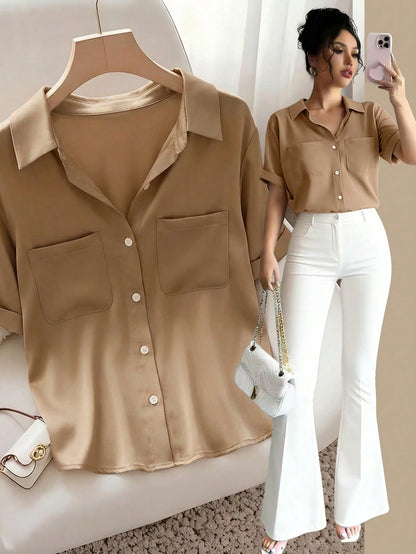 Raffinéa French Elegant Gray Summer Minimalist Smart Casual Everyday Polo Collar Pocket Design Short Sleeve Woven Fabric Blouse For Women For Office Travel