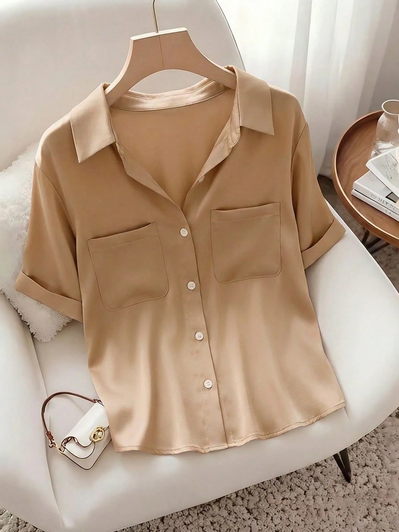 Raffinéa French Elegant Gray Summer Minimalist Smart Casual Everyday Polo Collar Pocket Design Short Sleeve Woven Fabric Blouse For Women For Office Travel