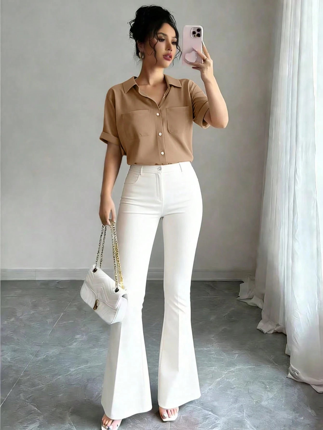 Raffinéa French Elegant Gray Summer Minimalist Smart Casual Everyday Polo Collar Pocket Design Short Sleeve Woven Fabric Blouse For Women For Office Travel