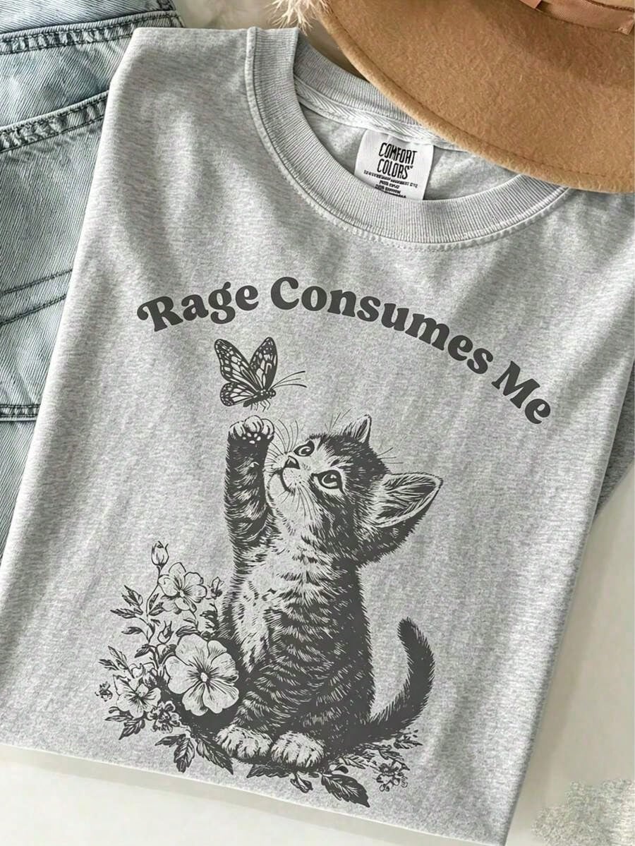 Rage Consumes Me Graphic Tee 100 Percent Cotton Curvy Teacher Outfits Nashville Western 90s Aesthetic Cute Cat Meme Mental Health Loose Fit Top