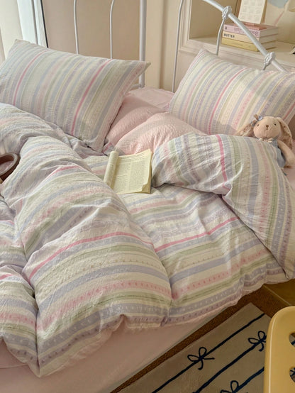 Rainbow Line Duvet Cover Set, Colorful Line Heart Duvet Cover, Includes 1*Duvet Cover+2*Pillowcases, 100% Polyester, Sweet Home Bedroom Decor, Suitable For Single Bed, Double Bed, Queen Bed, King Bed