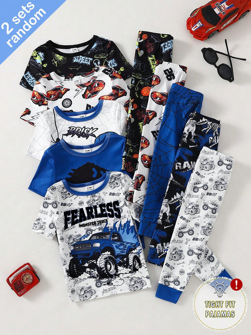 Randomly Sent 2 Sets Of Baby Boy Fashionable Cool Minimalist Classic Casual Daily Comfortable Soft High Elasticity Knit Tight Fabric Blue Multicolor Dinosaur Off-Road Car Racing Car Rabbit Sports Foot