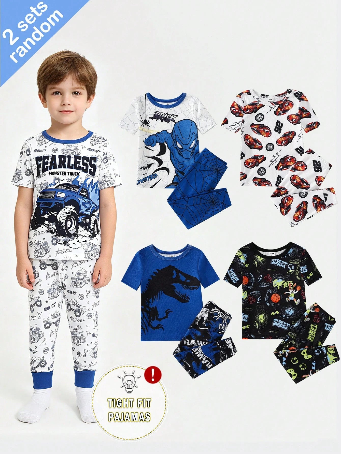 Randomly Sent 2 Sets Of Baby Boy Fashionable Cool Minimalist Classic Casual Daily Comfortable Soft High Elasticity Knit Tight Fabric Blue Multicolor Dinosaur Off-Road Car Racing Car Rabbit Sports Foot