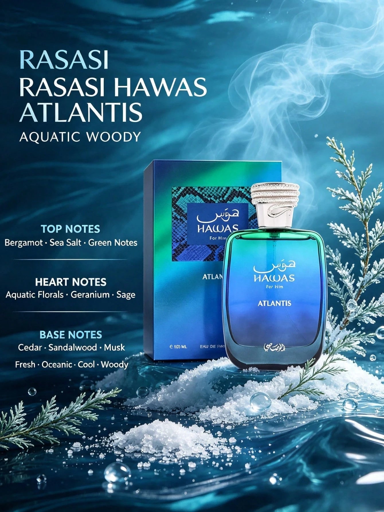 RASASI Hawas Atlantis Eau De Parfum For Men, 100ml (3.4 Oz) Fresh & Modern Scent Spray