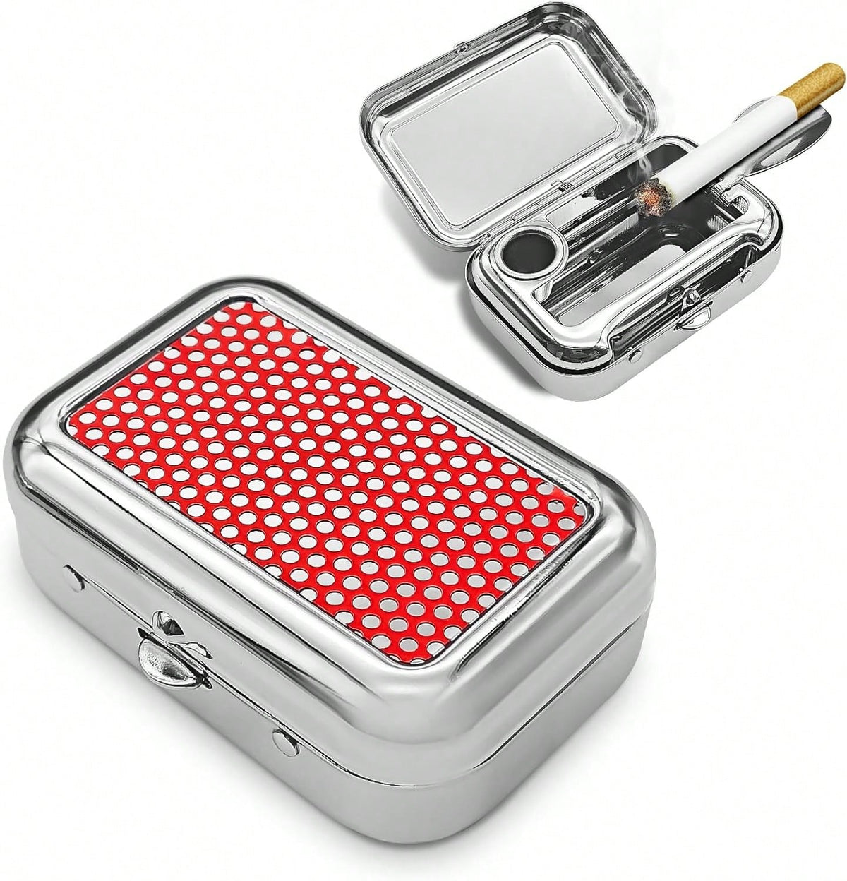 Rebvugr Portable Ashtrays, Stainless Steel Carry-On Mini Ashtray With Windproof Lid, Portable Waterproof Creative Pocket Ashtray For Indoor/Outdoor, Universal Car Accessories For Most Cars (Red)