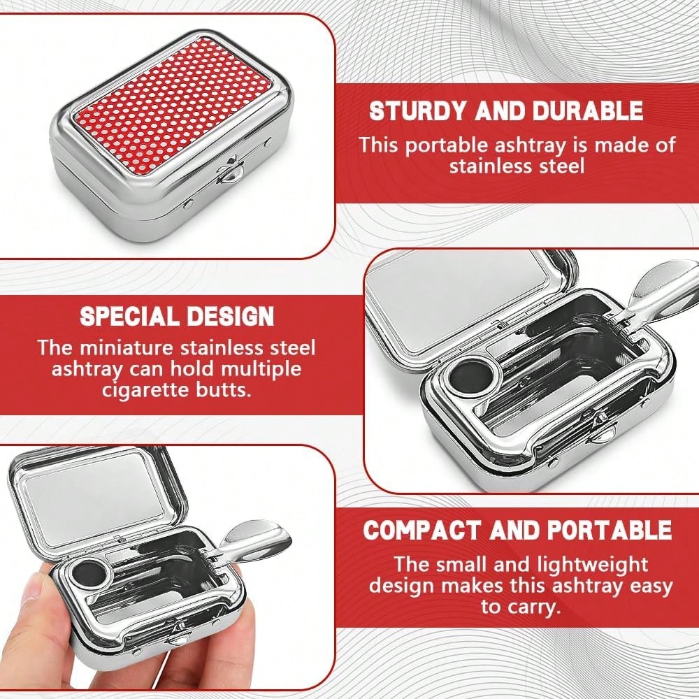 Rebvugr Portable Ashtrays, Stainless Steel Carry-On Mini Ashtray With Windproof Lid, Portable Waterproof Creative Pocket Ashtray For Indoor/Outdoor, Universal Car Accessories For Most Cars (Red)