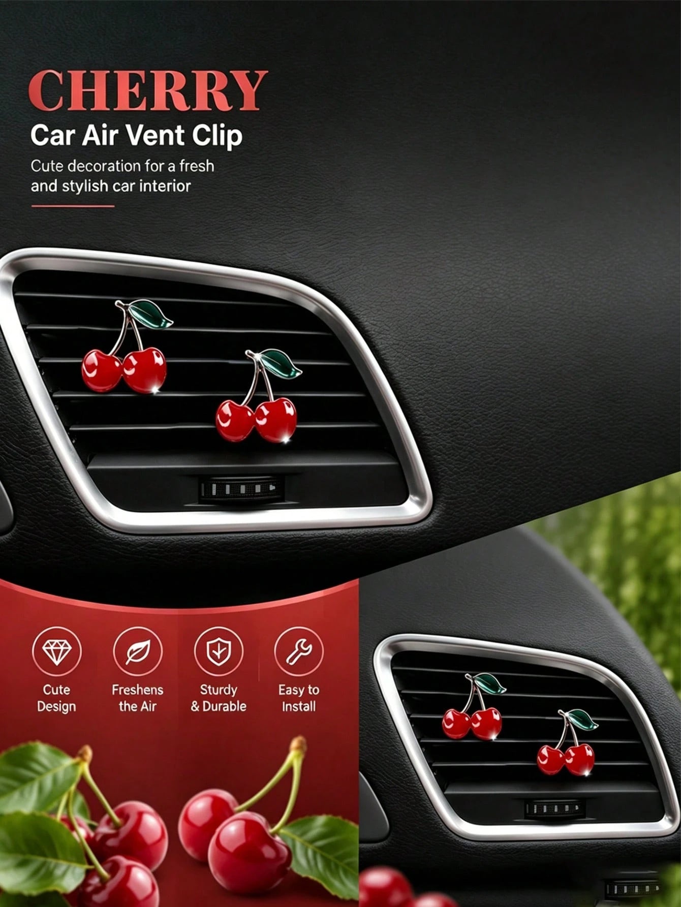 Red Cherry Metal Car Vent Freshener Clip, Fresh Air Car Air Conditioner Vent Ornament, Sturdy Easy To Install Stylish Car Decor Gift