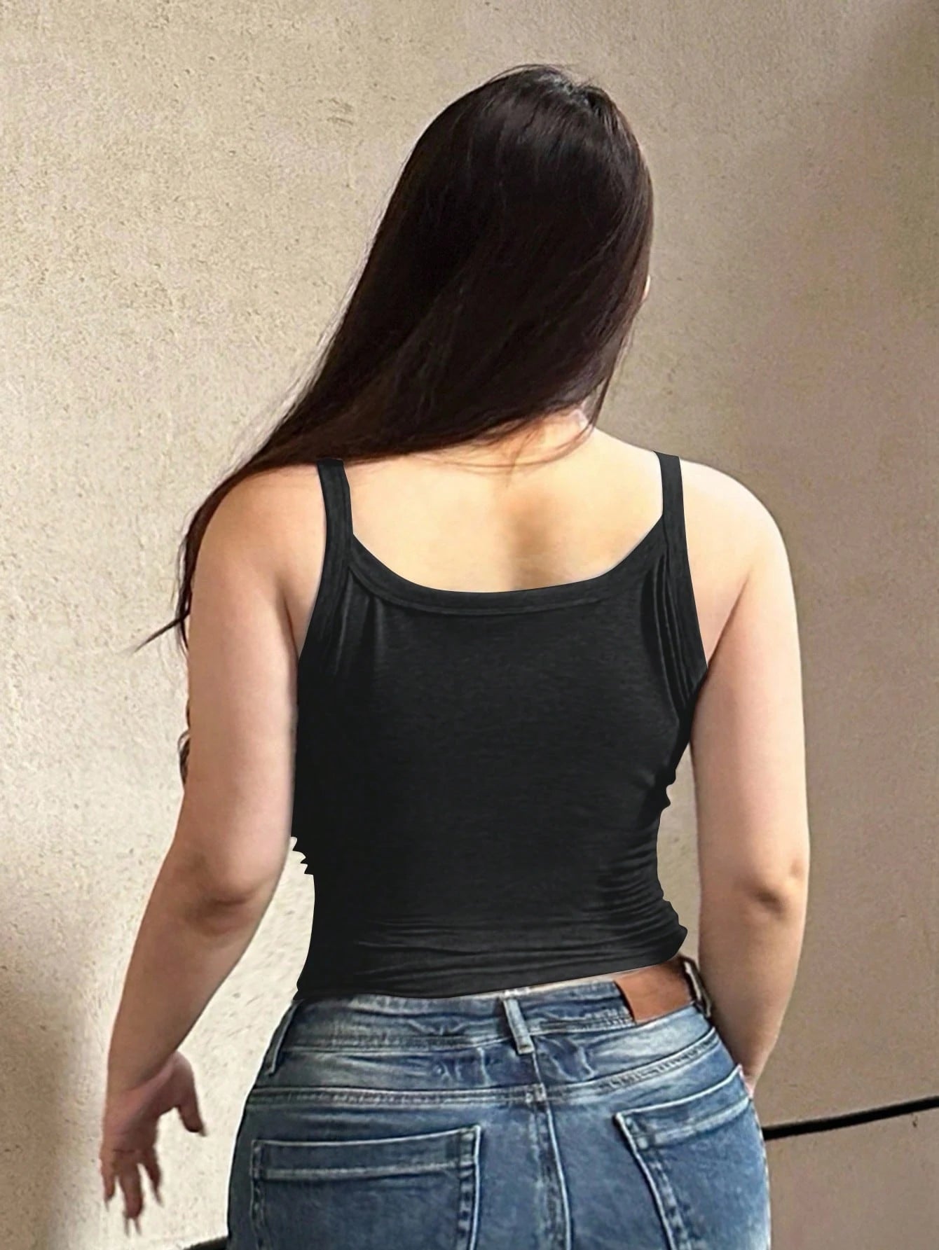 REIGN AVE Solid Color Half-Button Collar Fitted Elastic Black Cropped Cami Top