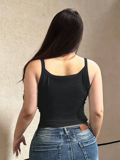 REIGN AVE Solid Color Half-Button Collar Fitted Elastic Black Cropped Cami Top