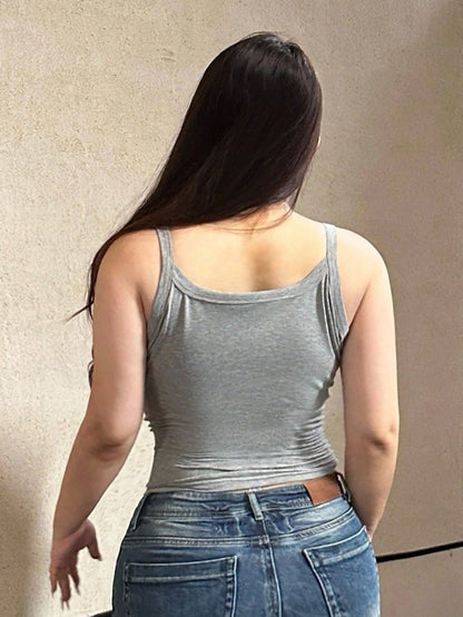 REIGN AVE Solid Color Half-Button Collar Fitted Elastic Black Cropped Cami Top