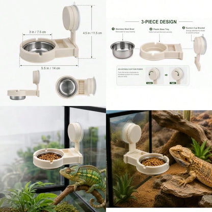 Reptile Feeding Ledge With Suction Cup Removable Stainless Steel Bowl Feeder Aquarium Terrarium Food Water Dish Accessory For Gecko Chameleon Bearded Dragon Lizard